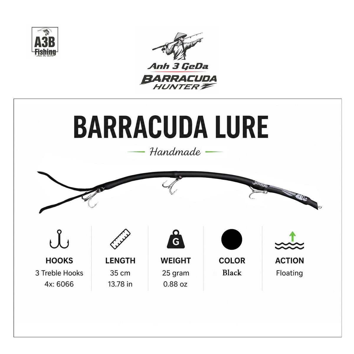 NEW-Barracuda Lure Handmade Floating | 35cm x25Gram x3Hook x6Color