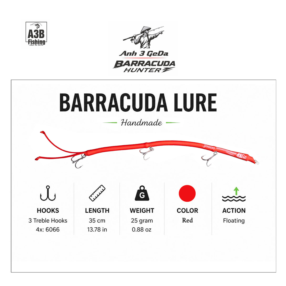 NEW-Barracuda Lure Handmade Floating | 35cm x25Gram x3Hook x6Color